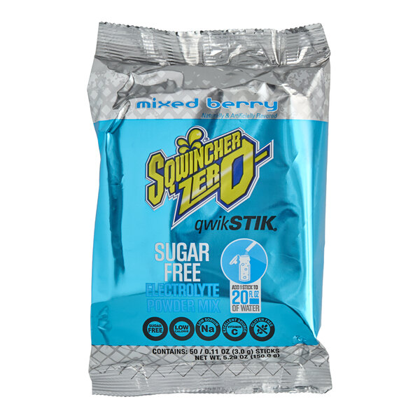 A blue and silver Sqwincher QwikStik Zero bag with sugar free powder mix inside.
