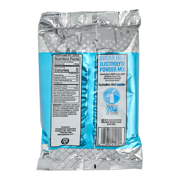A close up of a white bag of Sqwincher QwikStik Zero Mixed Berry Electrolyte Drink Mix.