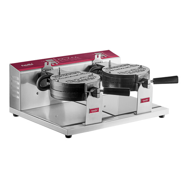 A double waffle cone maker with two round cooking plates and black handles, mounted on a stainless steel base.