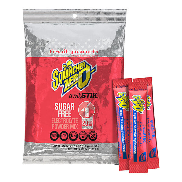 A red and blue Sqwincher QwikStik Zero packet containing sugar free fruit punch powder.