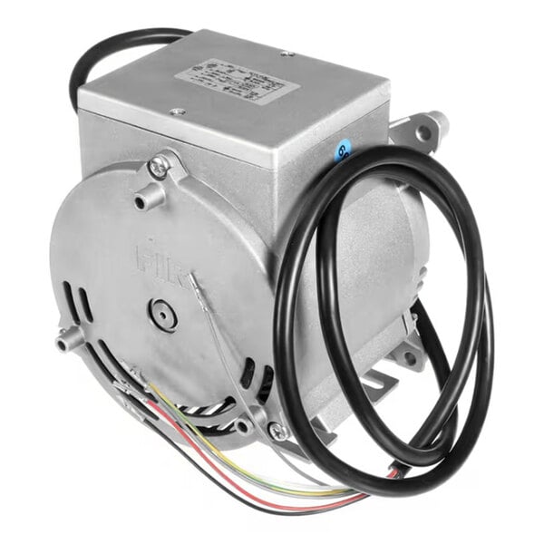 A silver Gusto convection oven motor with a wire harness.