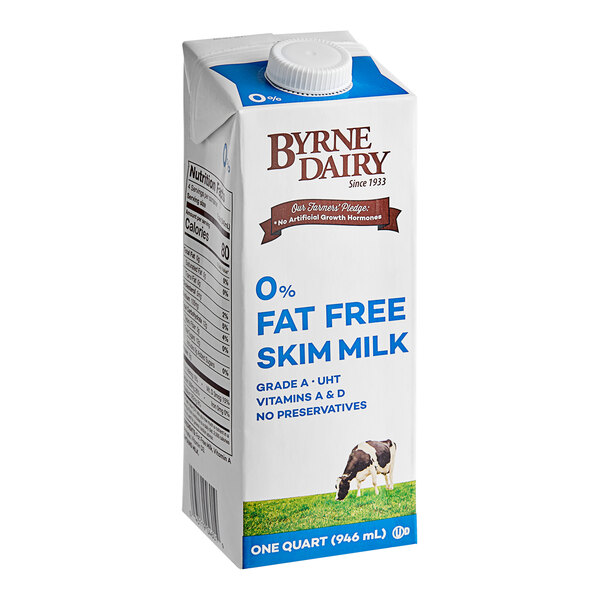A white carton of Byrne 0% fat-free skim milk.
