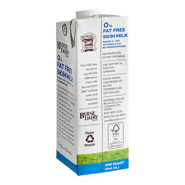 A white Byrne carton of fat-free milk with text on it.