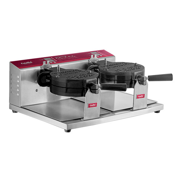 A double waffle maker with two round cooking plates and a stainless steel base.