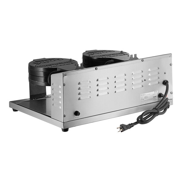 A double waffle maker with a stainless steel body and two round cooking plates, featuring a power cord and rear ventilation.