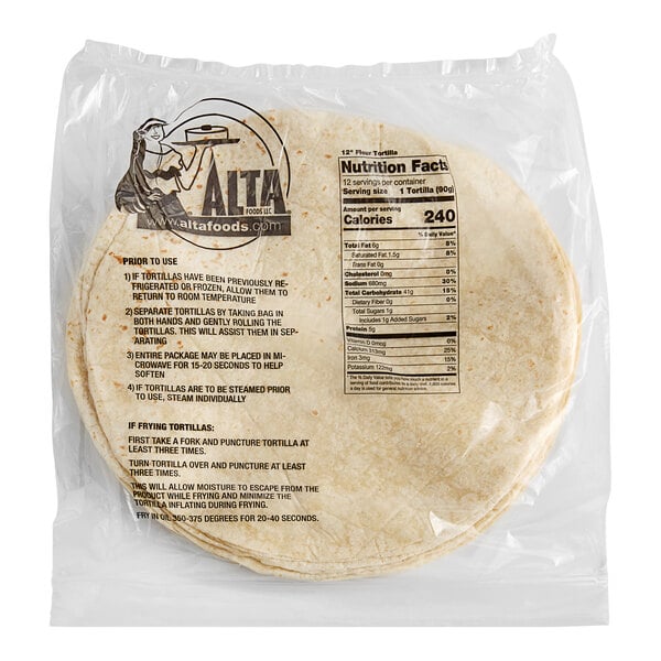 A package of ALTA Foods Super Pliable Flour Tortillas with a label.