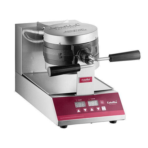 A commercial stacked waffle maker with digital controls and two handles, designed for high-volume use.