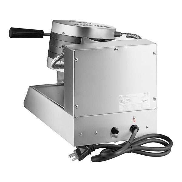 A commercial-grade stacked waffle maker with a stainless steel exterior and a power cord.