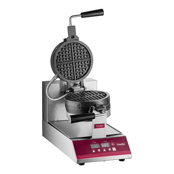 A commercial stacked waffle maker with a digital control panel and stainless steel construction.