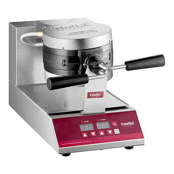 A commercial stacked Belgian waffle maker with a stainless steel body, digital controls, and two black handles.
