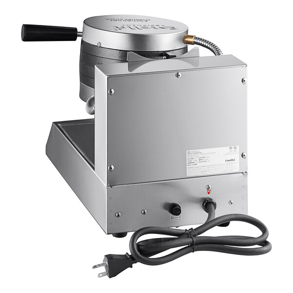 A commercial stacked Belgian waffle maker with a stainless steel exterior and attached power cord.