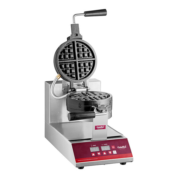 A commercial stacked Belgian waffle maker with a stainless steel base and digital controls.