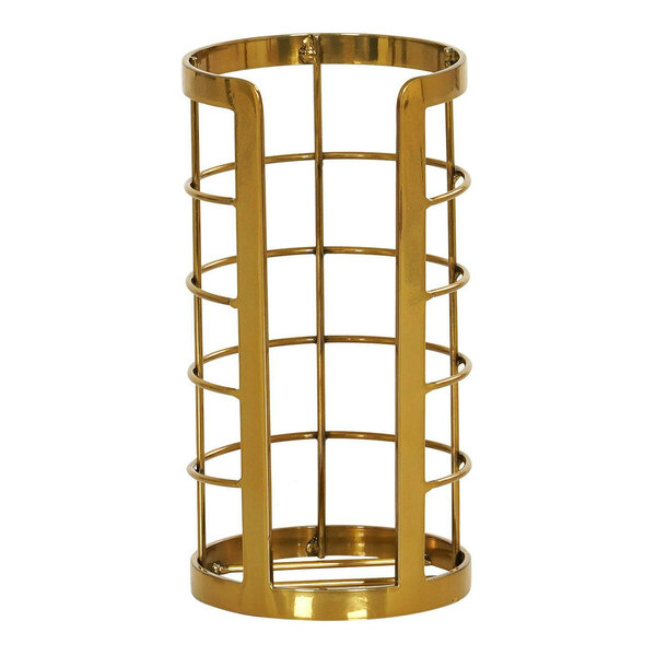 A gold metal cup and lid holder with a wire mesh container and a metal handle.