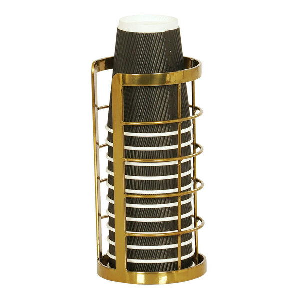 A gold metal cup and lid holder with black and white cups stacked inside.