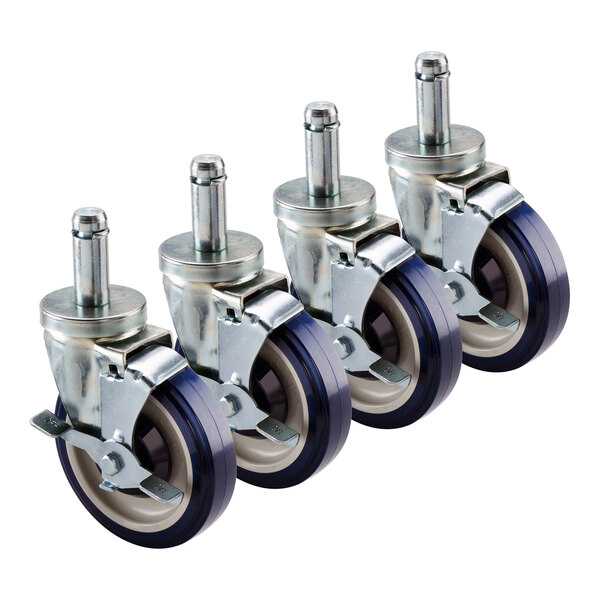A Krowne wire shelving stem caster set with blue rubber wheels.