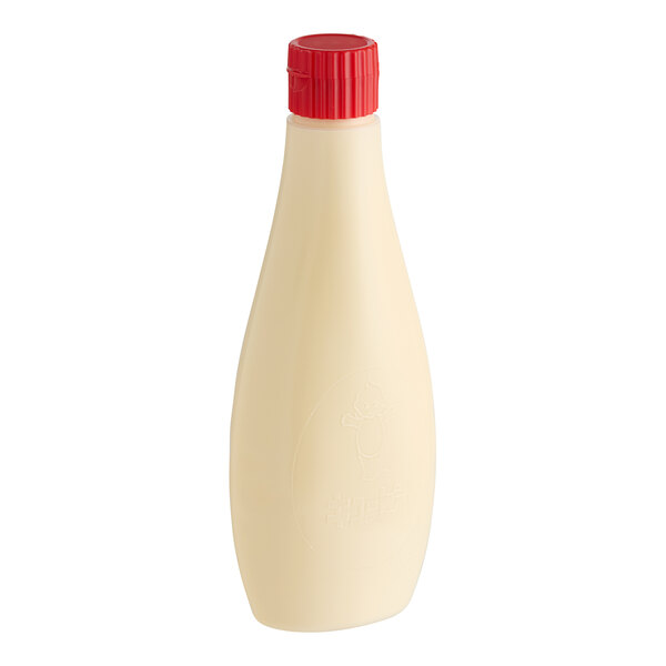 A white bottle of Kewpie Mayonnaise with a red plastic cap.
