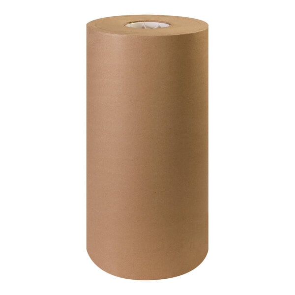 A close-up of a brown cylinder of Lavex Natural Kraft packing paper.