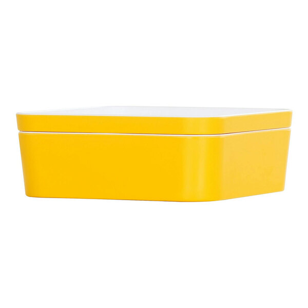 A sunshine yellow square melamine Bento box with a white lid.