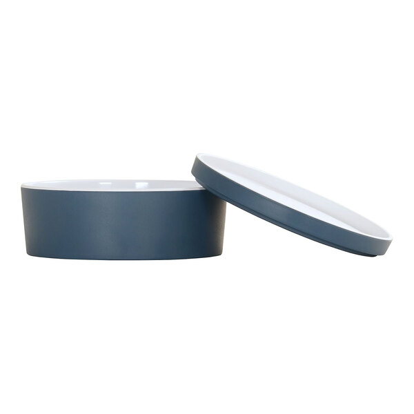 Two blue Cal-Mil melamine bento boxes with white lids.