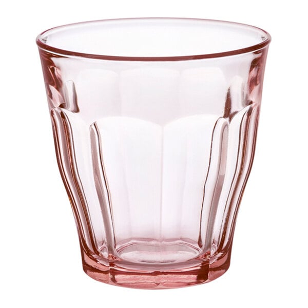 A Duralex Picardie blush glass tumbler with a small rim on a white background.