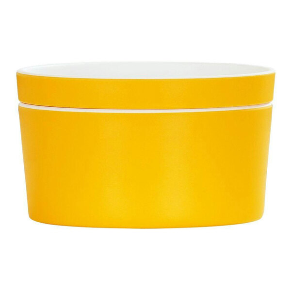 A yellow Cal-Mil round melamine bowl with a white lid.