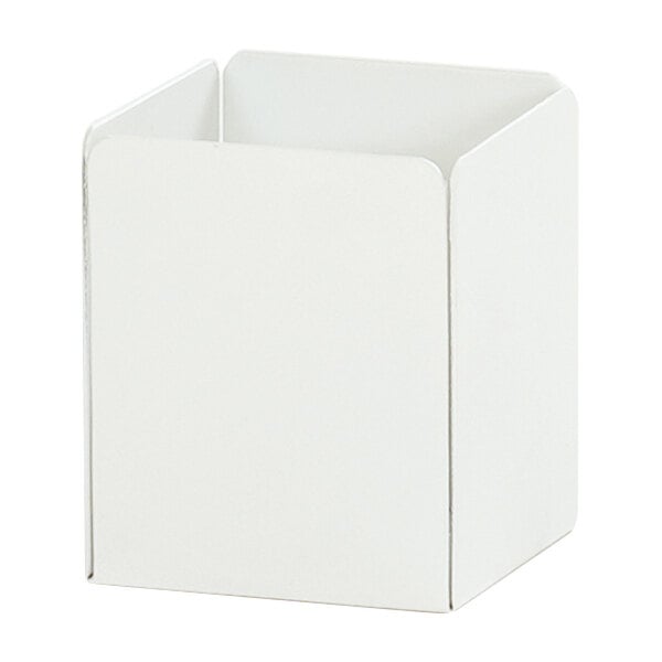 A white metal box with a black handle on a white surface.