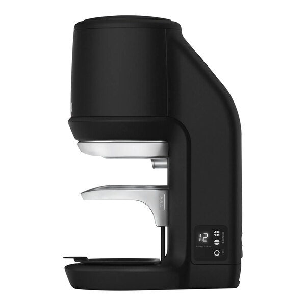 A black automatic high-performance espresso tamper with a digital display.