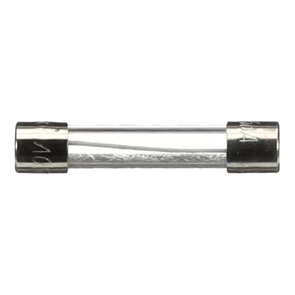 A close-up of a Hobart 250V 3/10A silver tube fuse with a metal cap.