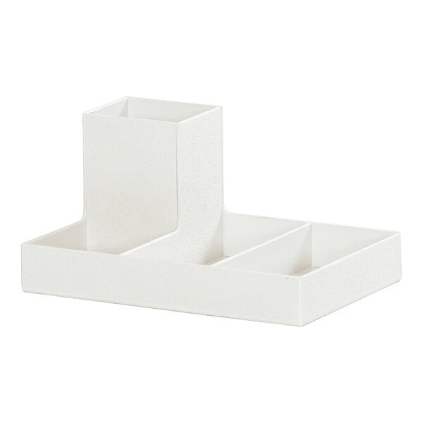 A white rectangular plastic Cal-Mil condiment organizer with a rectangular box inside.
