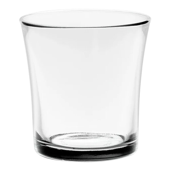 A clear glass with a black rim.