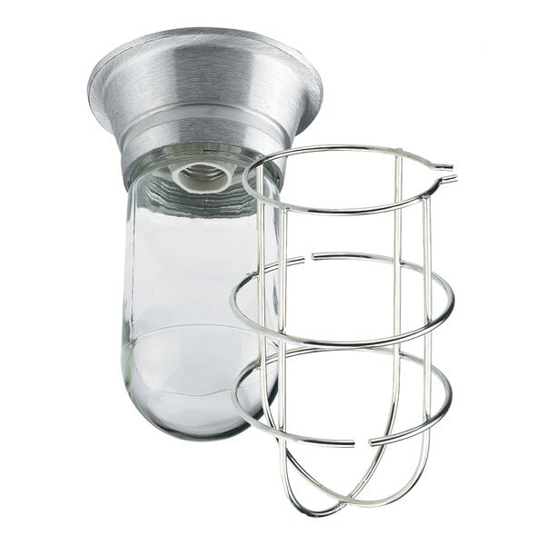 A Krowne vapor proof light fixture with a metal wire guard and plastic-coated glass globe.