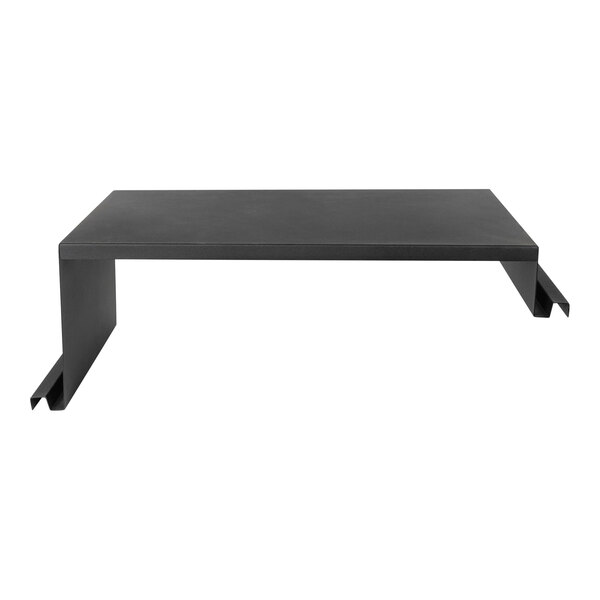 An Eastern Tabletop black metal rectangular riser with two legs.