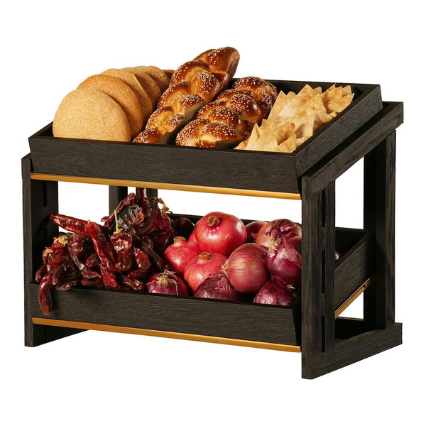 A Cal-Mil black 2-tier merchandise display with bread, cookies, and other snacks on the top shelf.
