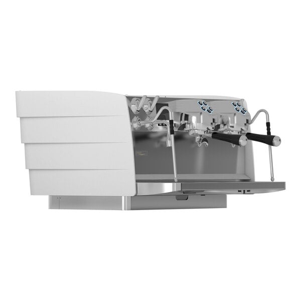 A white Victoria Arduino Eagle Tempo espresso machine with two coffee machines.