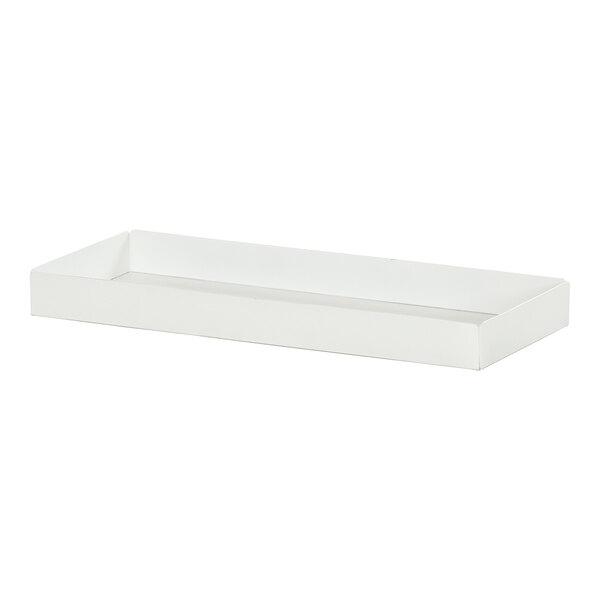 A white rectangular metal modular condiment display with a handle.