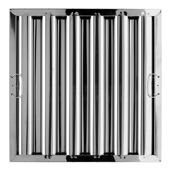 A close-up of a stainless steel Krowne Royal grease filter with four bars.