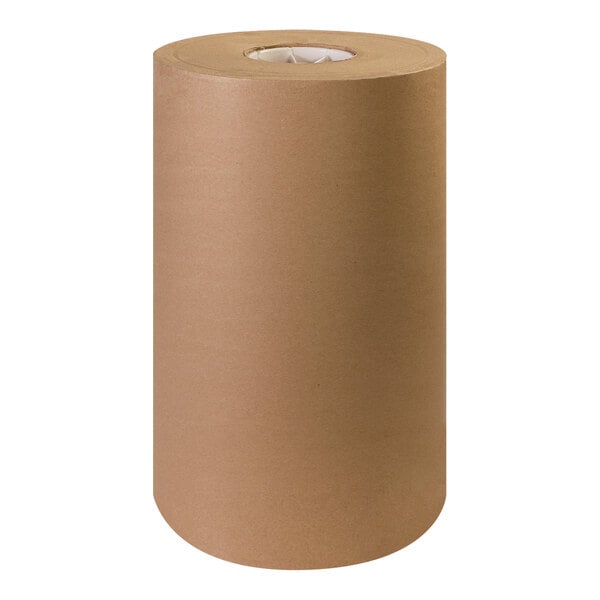 A close-up of a brown cylinder of Lavex natural kraft void fill packing paper.
