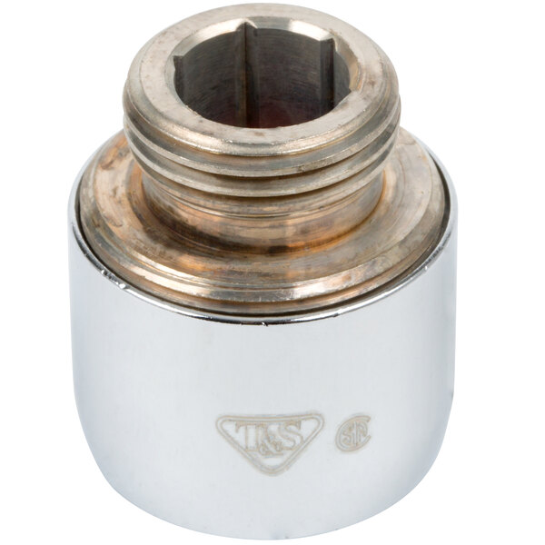 A close-up of a T&S chrome plated aerator with a metal nut on top.