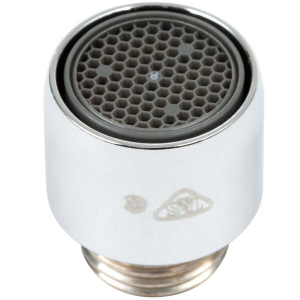 A close-up of a chrome plated metal T&S aerator.