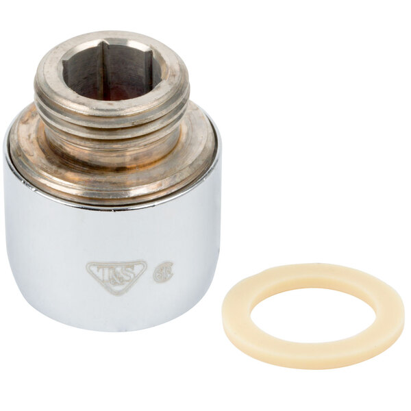 A close-up of a T&S chrome plated metal nut and washer.