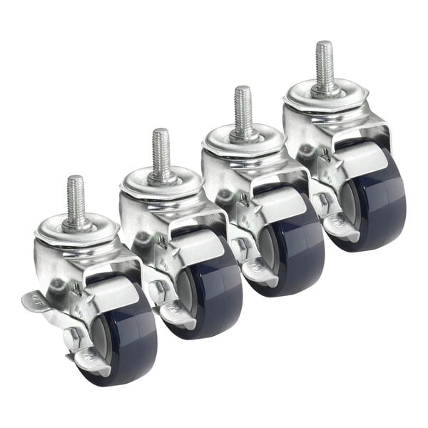 A row of Krowne stem casters with black rubber wheels and metal screws.