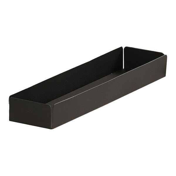 A black rectangular Cal-Mil metal display tray.