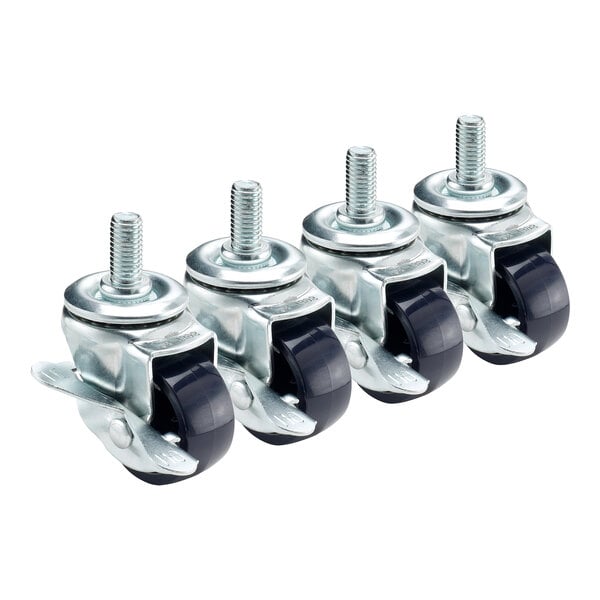 A row of Krowne stem casters with black rubber wheels and nuts on them.