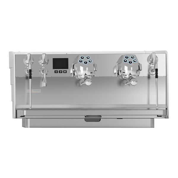A matte white Victoria Arduino espresso machine with two dispensers.