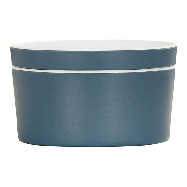 A blue Cal-Mil melamine bowl with white accents.