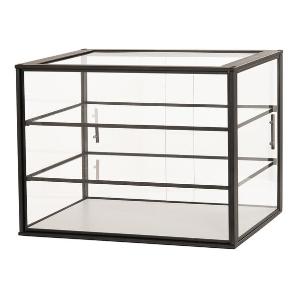 A black metal Cal-Mil bakery display case with three clear glass shelves.