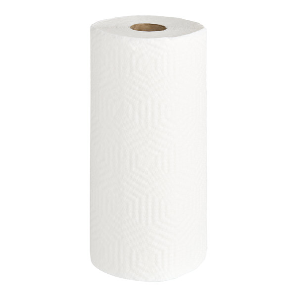 A roll of Bounty Essentials paper towels with a brown circle on a white background.