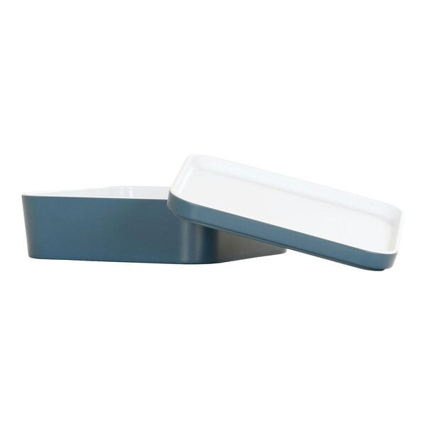 A blue square melamine Bento box with a lid.