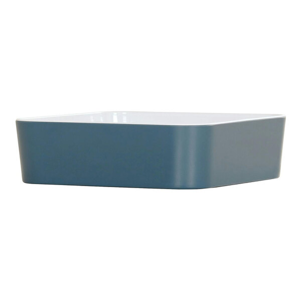 A blue square Cal-Mil melamine bento box with a white lid.
