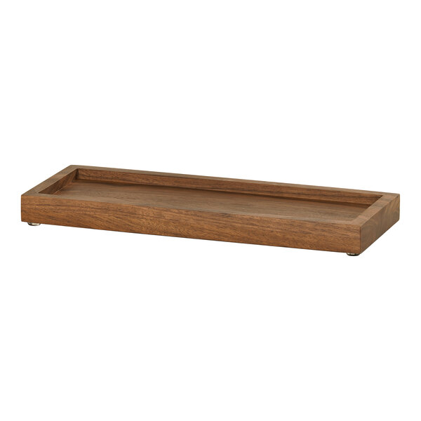 A Cal-Mil walnut wooden rectangular condiment organizer with black round melamine jars on a shelf.